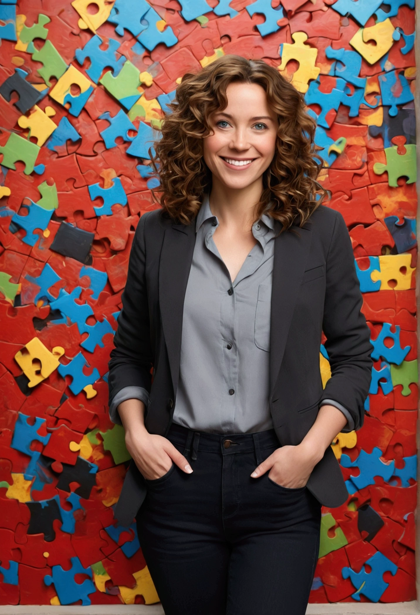 A film inspired by the Disney Pixar cartoon A 37-year-old woman, with shoulder-length brown hair with lighter strands and very curly hair, round face with charming smile, blue colored eyes, full body, wearing an elegant gray shirt, black blazer, and black jeans and white sneakers. full - length portrait, behind a wall with red puzzle, cerulean, green and yellow. Develop this art Disney Pixar Animations Style