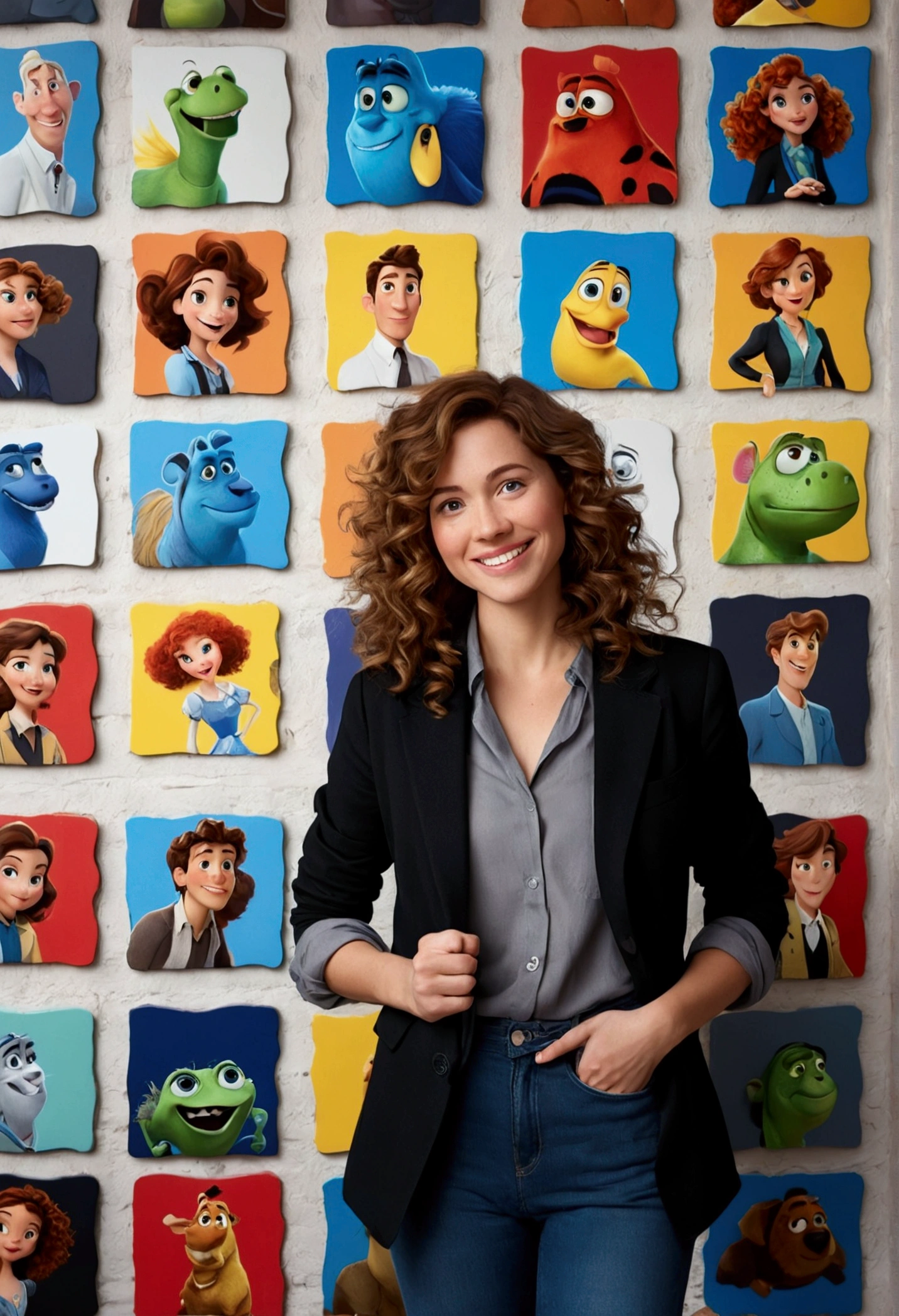 A film inspired by the Disney Pixar cartoon A 37-year-old woman, with shoulder-length brown hair with lighter strands and very curly hair, round face with charming smile, blue colored eyes, full body, wearing an elegant gray shirt, black blazer, and black jeans and white sneakers. full - length portrait, behind a wall with red puzzle, cerulean, green and yellow. Develop this art Disney Pixar Animations Style