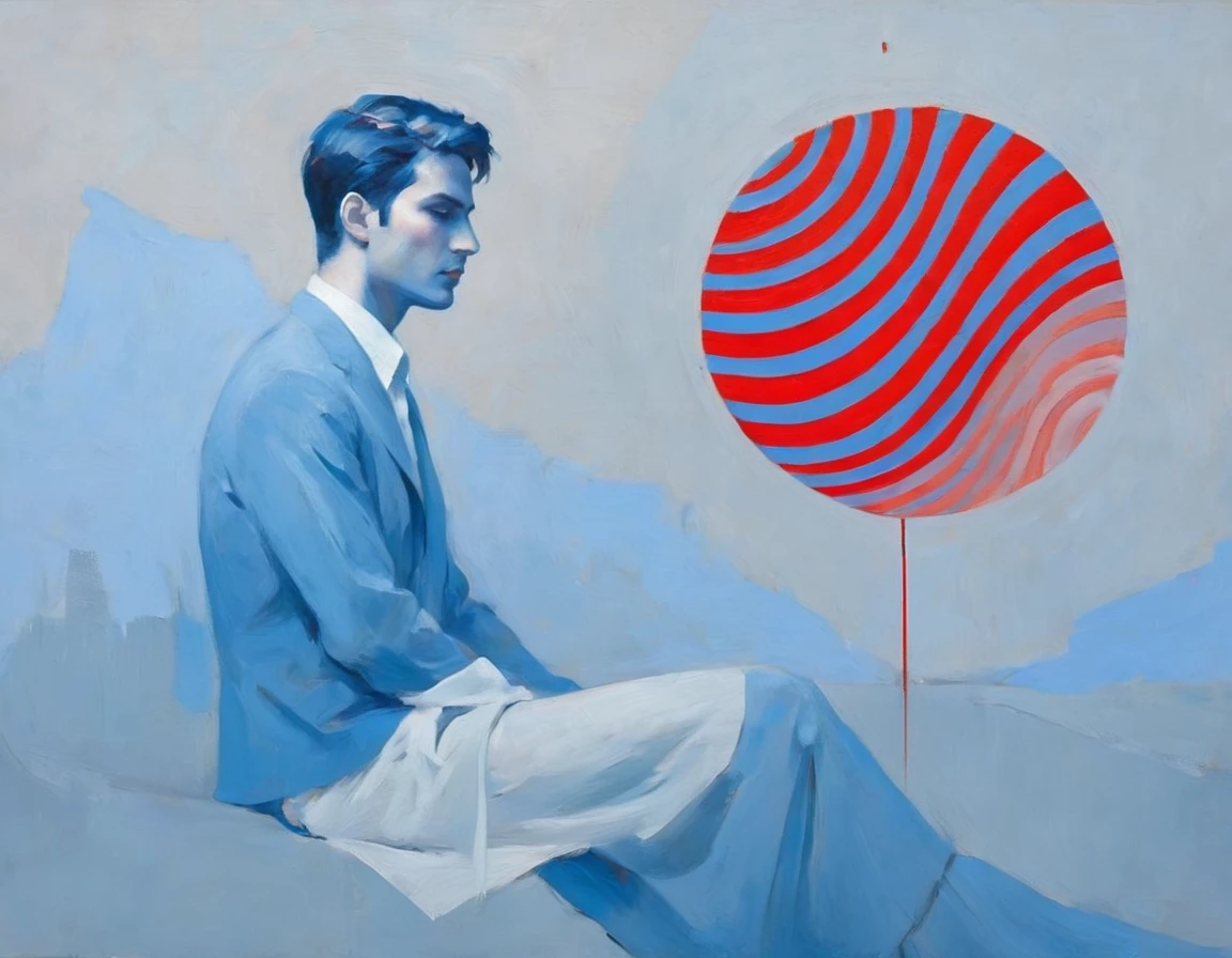 there is a man sitting on a blue ball with a red dot in the background, inspired by Koson Ohara, chiaroscuro technique on sensual illustration of an arafed male supermodel , the model draped in flowing, thick oil painting Capture the essence of a fleeting dream in a vibrant, expressive oil painting. Use a mix of vivid and muted colors to create a surreal landscape that blends reality with imagination. Emphasize the fluidity and movement of the dream world through dynamic brushstrokes and abstract forms. Create high contrast between light and shadow fire around, there is a red circle on a blue and red square, inspired by Bauhaus, in a shapes background, brown red blue, circle forms, red blue, by Leon Polk Smith, memphis abstract minimal art, graphic shapes, minimal art, blue and red, minimal art style, bauhaus art, inspired by El Lissitzky, bold simple shapes
