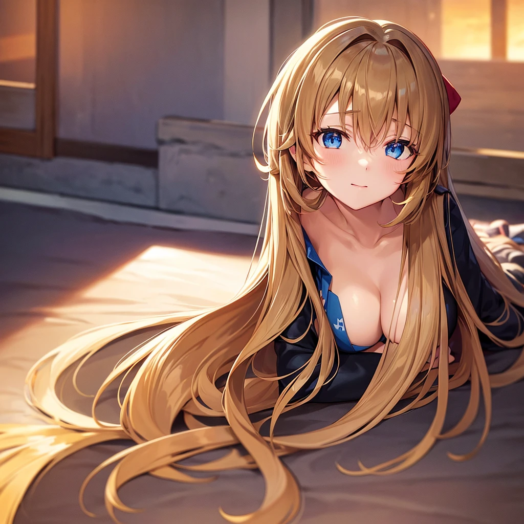 asuna,sao, crown half up hairstyle,, leaning forward, woman, light brown hair, happy, cleavage cutout, beautiful detailed blue eyes, black Clothes, dusk sky, dusk, sunset,