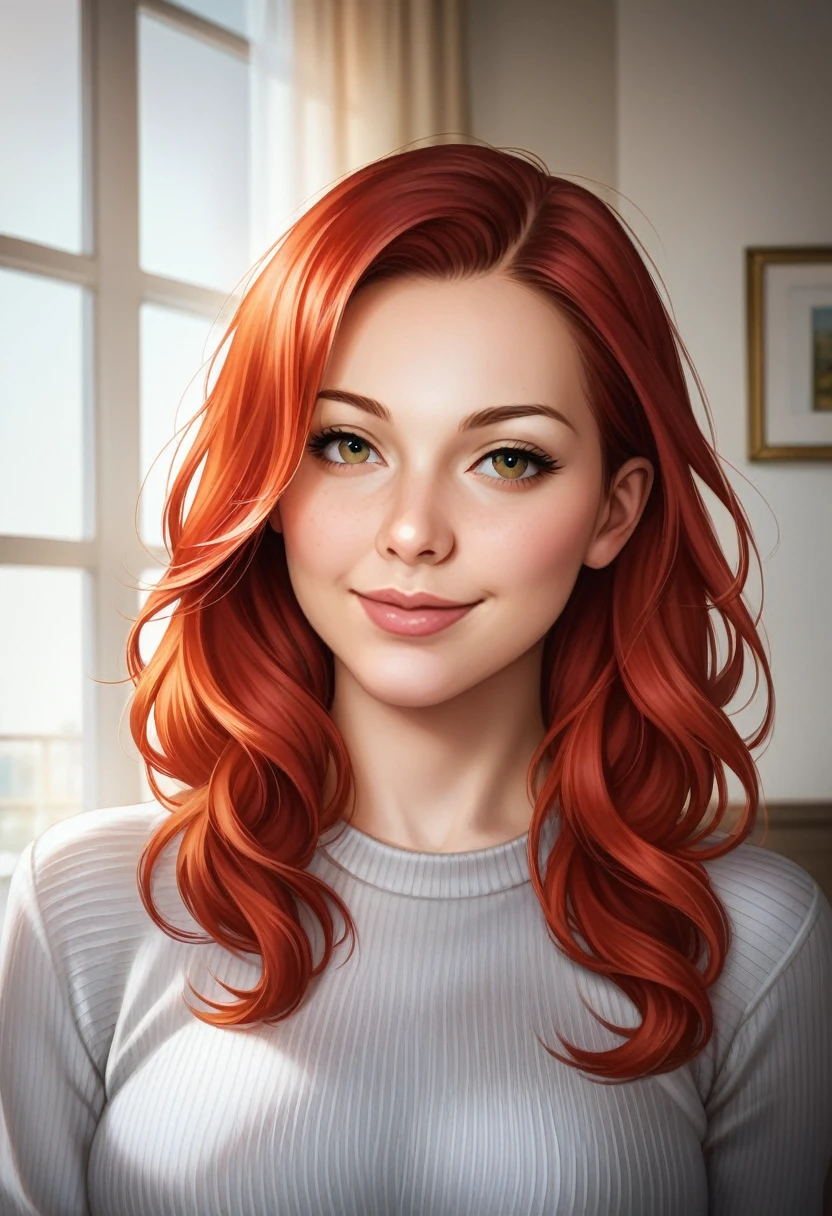 Photo of a 20 year old Irish girl., medium length red hair, eyes the color of honey, detailed eyes, pale skin, look confident, Every day, interior, with an air of superiority, grey sweater, cowboy, posing for the camera, realistic photography, Big , They are smiling, beautiful face, beautiful face, YOUNG, , 