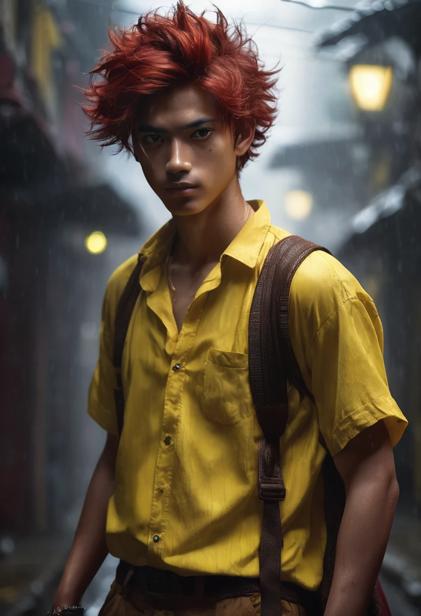 1 boy, wearing a yellow Brazilian shirt, masculine brown eyes, detailed light tanned skin, voluminous and messy red hair, white skin, dramatic lighting, cinematic composition, cold palette, night environment, dark colors, atmospheric fog, thin chin, 20 Years (Best Quality, 4K, 8K, High Resolution, Art: 1.2), Ultra-Detailed, (Realistic, Photorealistic, Photorealistic: 1.37)