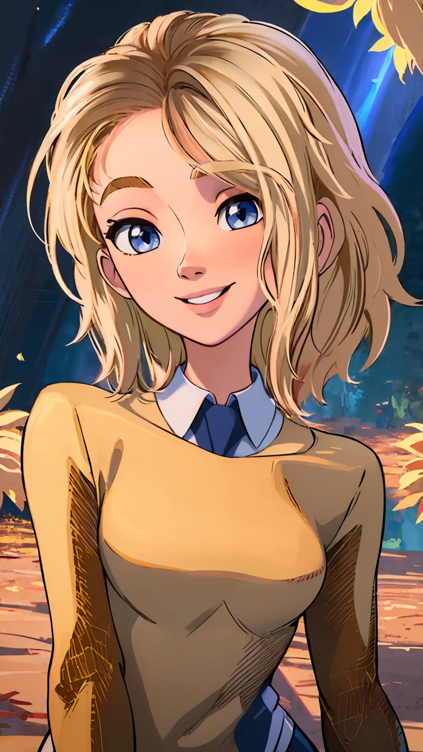 1girl, blonde hair, upperbody, pixel world,nature, forest, autumn, yellow leaf, night sky, western cartoon style, (Masterpiece:1.2, Best Quality, high resolution), beautiful face, detailed face, smiling, one girl, short blonde hair