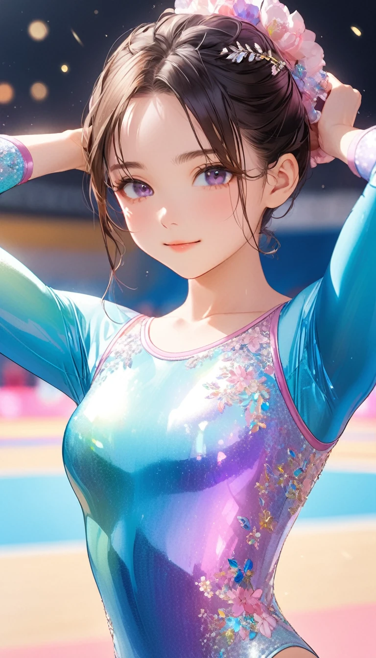 highquality illustration, masterpiece, very delicate and beautiful, attractive girl,(gymnastics leotard, Floral patterns leotard,long sleeve leotard with glittery decoration,high_leg leotard,athletic leotard,tight-fit leotard,iridescent gradient leotard,long-sleeve leotard),thin,slender body,slim,high school,gymnasium background,gymnastics club,gymnastics athlete,princess, beautiful eyes,light smile,(masterpiece, best quality:1.2), highres, extremely detailed CG unity 8k wallpaper, perfect lighting, Colourful, ultra-high res,4K,ultra-detailed, photography, 8K, HDR, 17 ages,cowboy shot,