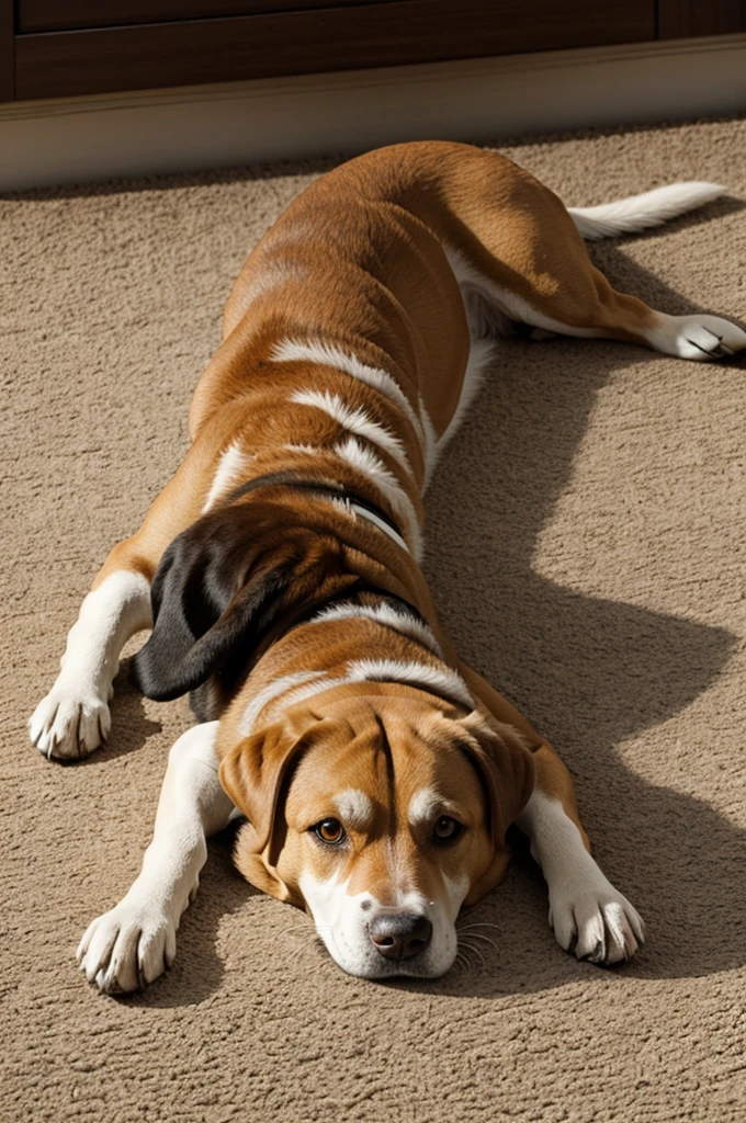 A dog lying in a curled position with a front angle and slightly tilted to the left
