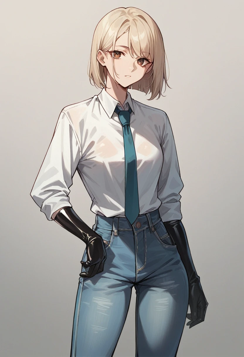 1girl, light hair, ((black elbow gloves)), ((surgical gloves)), ((latex gloves)), (((long sleeves))), ((white oversize shirt)), baggy jeans, tie, looking at viewer, standing, solo