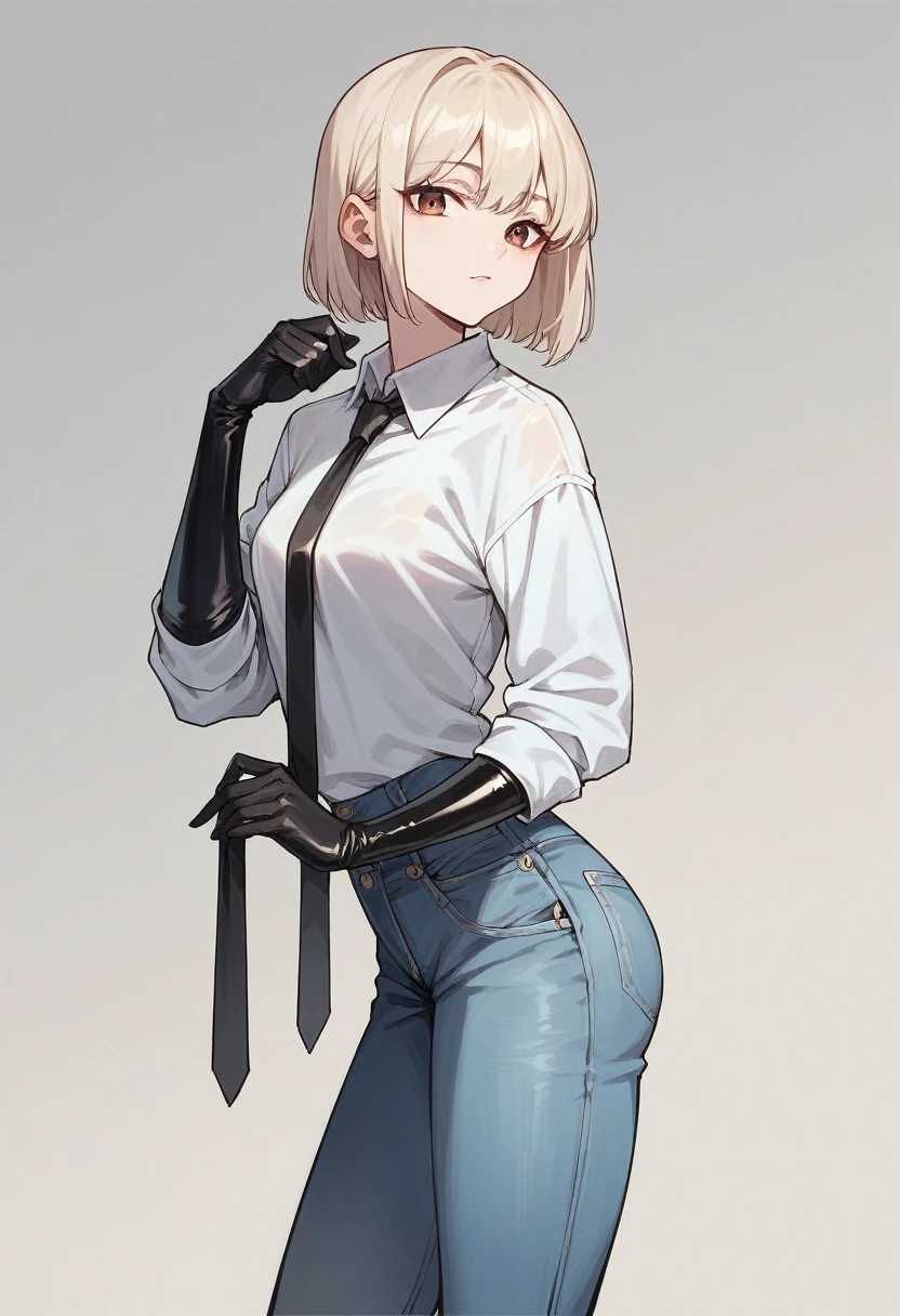 1girl, light hair, ((black elbow gloves)), ((surgical gloves)), ((latex gloves)), (((long sleeves))), ((white oversize shirt)), baggy jeans, tie, looking at viewer, standing, solo