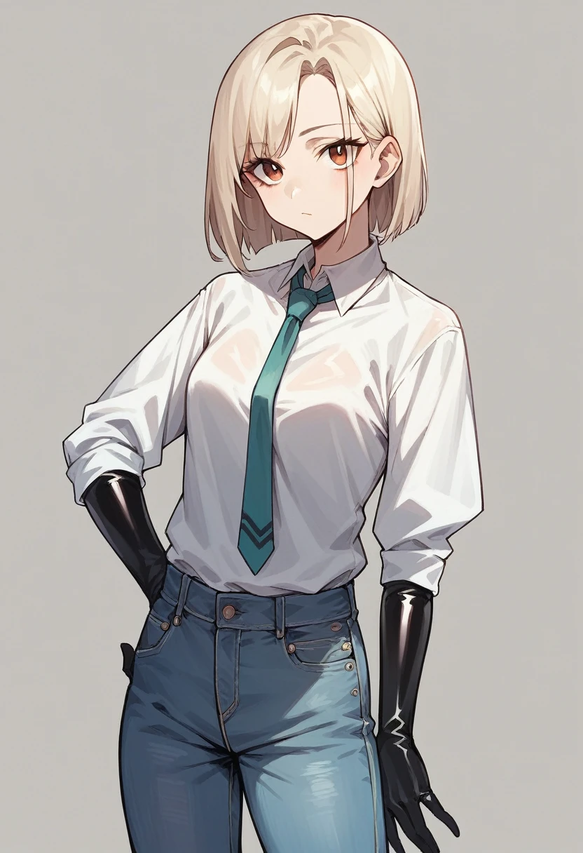 1girl, light hair, ((black elbow gloves)), ((surgical gloves)), ((latex gloves)), (((long sleeves))), ((white oversize shirt)), baggy jeans, tie, looking at viewer, standing, solo