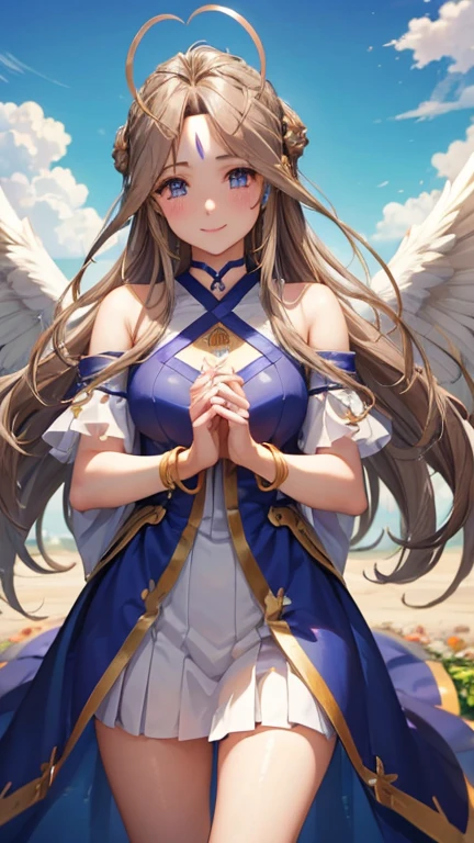 Belldandy, Long Hair, blue eyes, Brown Hair, Facial blemishes, Forehead mark, Mature Woman, smile, 【【Big Wings】】, choker, Lots of bracelets, Gold bracelet、ring, feather, angel wings、goddess、null, sun, cloud, Highest quality, High resolution, Clear Images、8k wallpaper, (Beautiful attention to detail:1.6), Watery eyes、Watery eye、Highly detailed face, Perfect lighting, Highly detailed CG,whole body、whole、The photo shows Zeshin、青nullを飛んでいる、白いcloud、（（Halo））