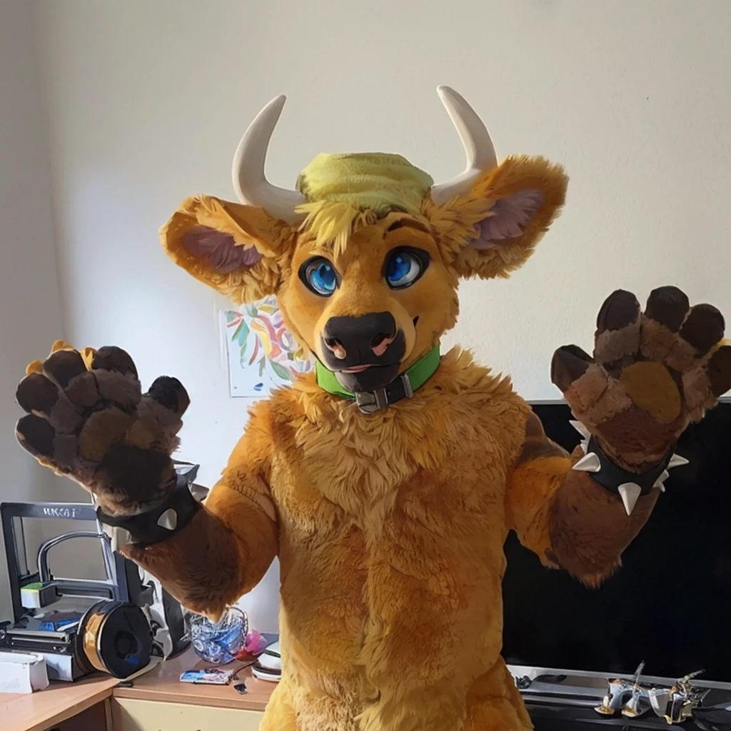 a anthropomorphic yellow-orange colored fur bull, he has blue eyes, he has yellow hair, hunky body, he's standing, with his brown paws up, he has two black spiky bracelets on his arms and a green collar on his neck, closed smile, he has a green summer hat on his head between his horns, high quality furry art, .