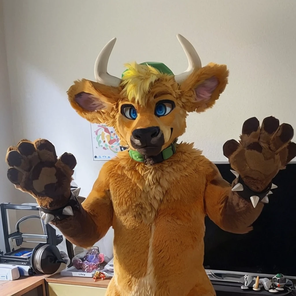 a anthropomorphic yellow-orange colored fur bull, he has blue eyes, he has yellow hair, hunky body, he's standing, with his brown paws up, he has two black spiky bracelets on his arms and a green collar on his neck, closed smile, he has a green summer hat on his head between his horns, high quality furry art, .
