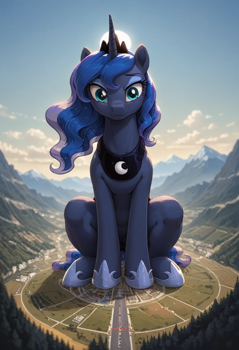 score_9, score_8_up, score_7_up, feral, GTS, giantess, macro, 1girl, solo, size difference, (sitting on a continent:1.3), thick thighs, mountains, detailed background, straight on, looking down at viewer, in Tokyo, daytime, outdoors, detailed background, (fisheye:1.2), (perspective:1.3), full body, Tokyo city, sadistic face, looming, high angle shot, from the sky, source_pony, princess luna, female, blue body, straight hair, wavy hair, blue eyes, anatomically correct, feral anatomy, good anatomy, (depth of field), muted colors, extremely high quality RAW photograph, earth pony, semi-anthro, female, ponified,