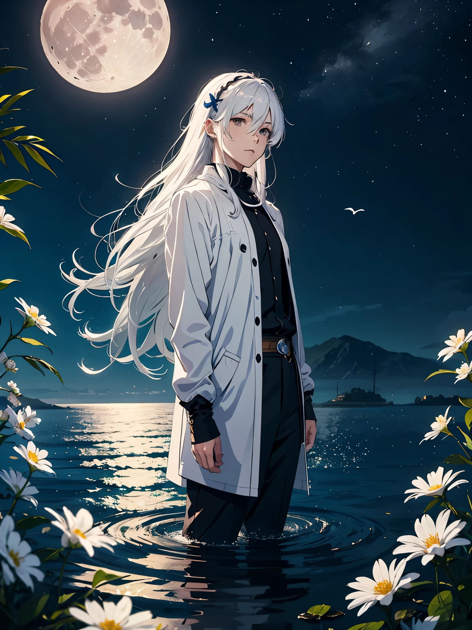 Viele weoße vögel. More anime. light blue light. Bright bright light. magical. Moon. White flowers. male. Long hair. long white hair. aquatic, boy, God of the Moon, silver hair accessories, White hair. 