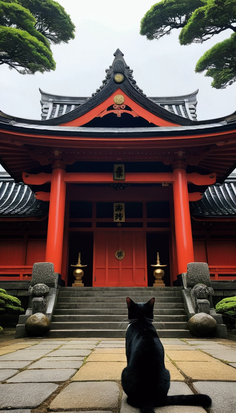 Cat in the back、black cat、Big cat、Studio Ghibli style、Japanese style、Japan、A shrine in the background、Temple、Wet day、Highest quality、Ultra-fine、Cloudy、anime