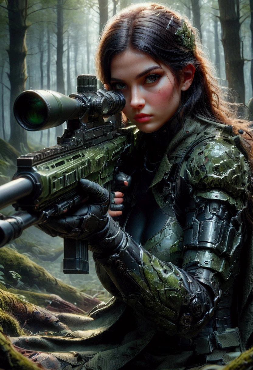 1girl, Sniper, A highly detailed, portrait of a skilled sniper in a camouflage uniform, lying prone with a high-powered sniper rifle, focused intently through the scope, surrounded by lush foliage in a forest environment, dramatic lighting, cinematic composition, hyper-detailed textures, muted color palette, gritty, masterpiece, best quality, very aesthetic, absurdres