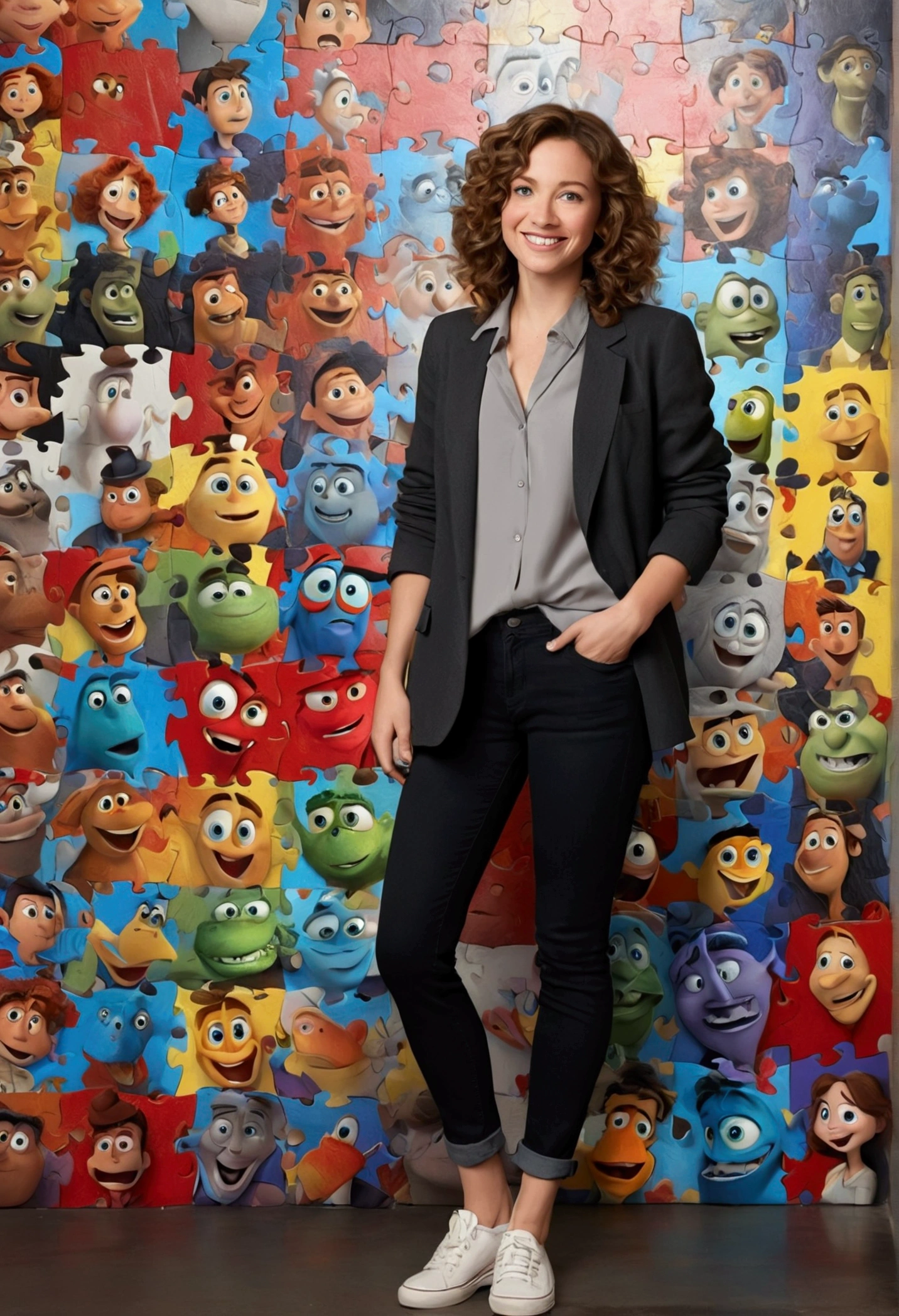 A film inspired by Disney Pixar A 37-year-old woman, with shoulder-length brown hair with lighter strands and very curly hair, round face with charming smile, blue colored eyes, full body, wearing an elegant gray shirt, black blazer, and black jeans and white sneakers. full - length portrait, behind a wall with red puzzle, cerulean, green and yellow. Develop this art Drawing style Disney Pixar Animations