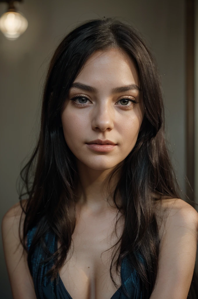 A girl with long blue hair. Her face is exquisite, with high cheekbones and smooth fair skin. Her large black eyes, framed by long thick eyelashes, are impressive and expressive, radiating calmness and confidence. Well-defined eyebrows curve gracefully above her eyes, adding intensity to her gaze. She has a small, straight nose and full, slightly parted lips that curve into a slight smile, revealing hints of mischief and allure. Her sharp, well-defined jawline gives her face a refined and elegant appearance. a beautiful award winning full length portrait of a dusky maiden wearing a chic floral dress, she is outdoors, holding a dainty bouquet of precisely arranged wild flowers, minimalistic composition, very dramatic lighting, in the style of Wes Anderson, hints of David Lynch, rule of thirds, Hasselblad X2D, portrait lens, magical mood