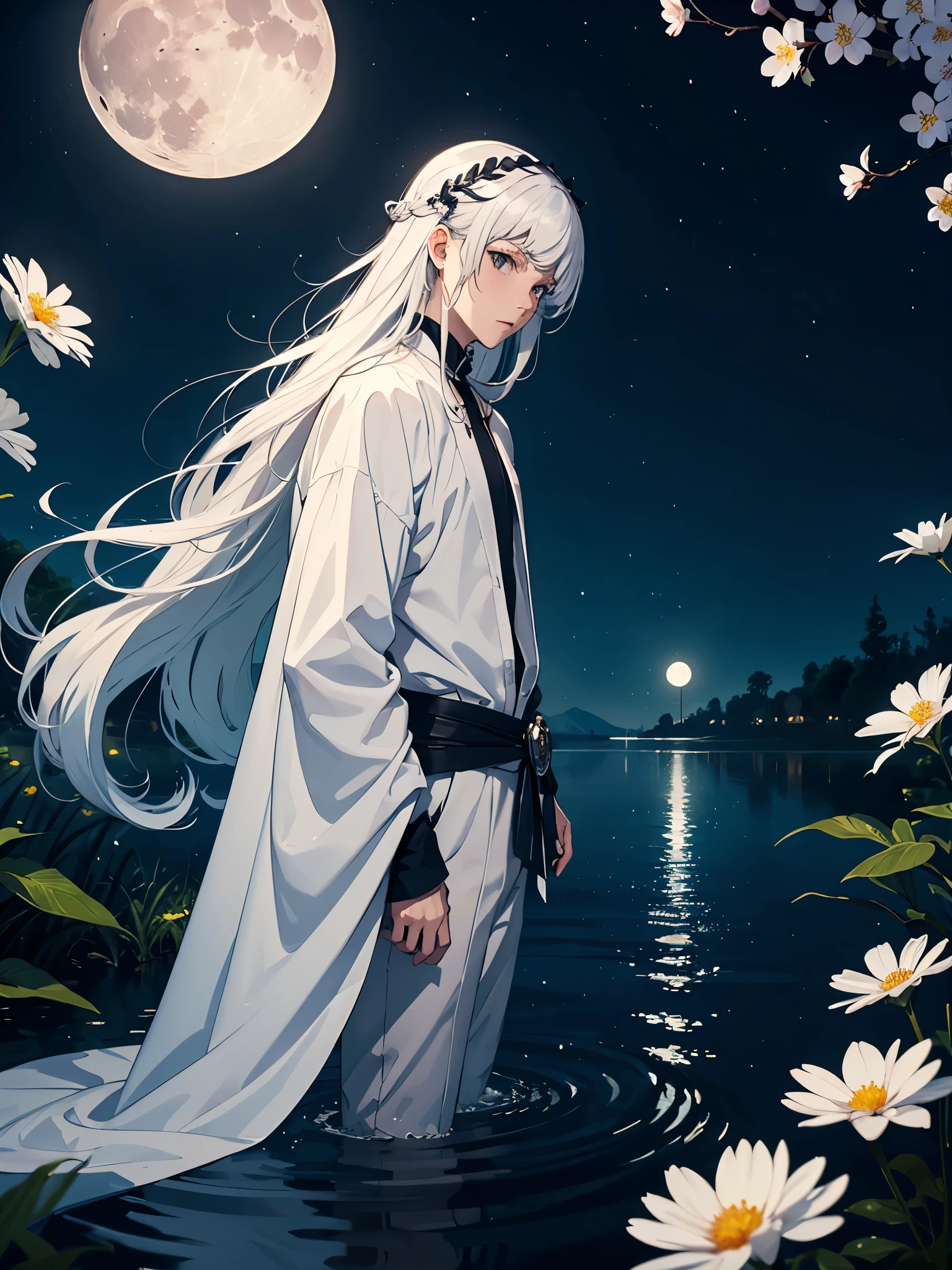 Viele weoße vögel. More anime. light blue light. Bright bright light. magical. Moon. White flowers. male. Long hair. long white hair. aquatic, boy, God of the Moon, silver hair accessories, White hair.