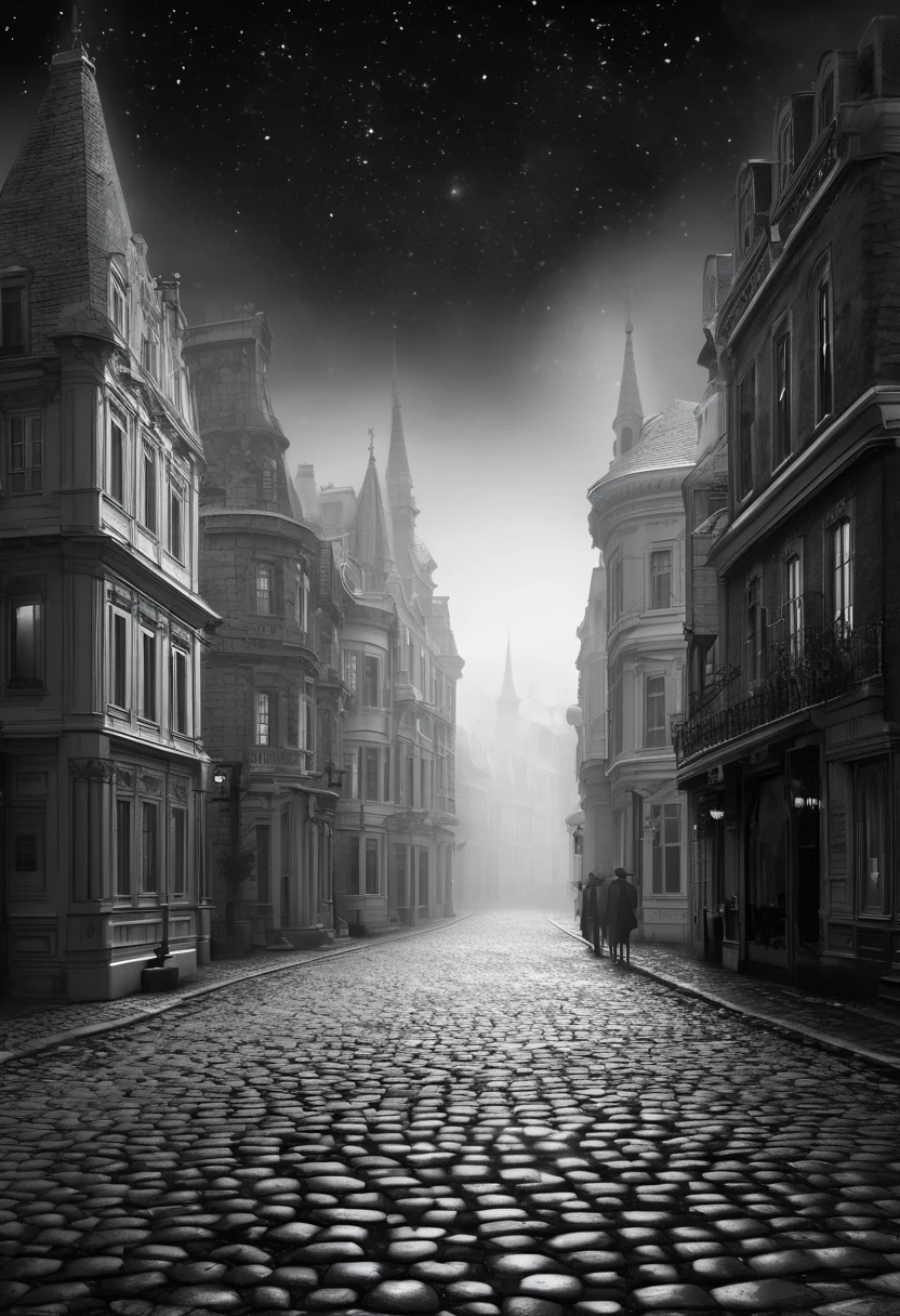 Dark fantasy, monochrome, cobblestone boulevards, pure white Victorian cityscape, white luminous buildings, deserted, foggy, starry sky, fantastical