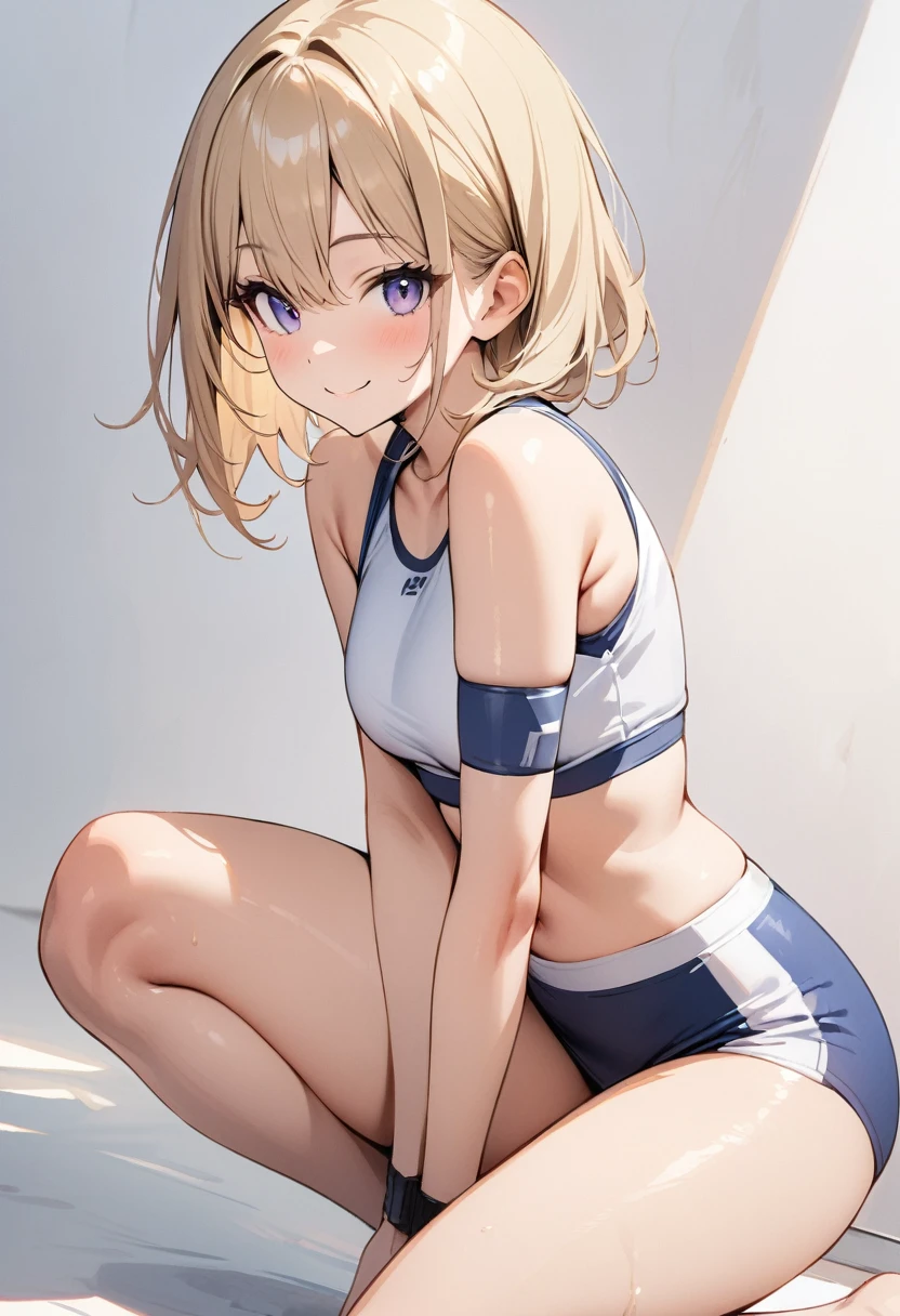 (masterpiece:1.2),Highest quality,Pixiv ,One girl,alone,View your viewers,,smile,White background only,whole body,From the side,One knee,,Look to the side、white background only、Sports Bikini