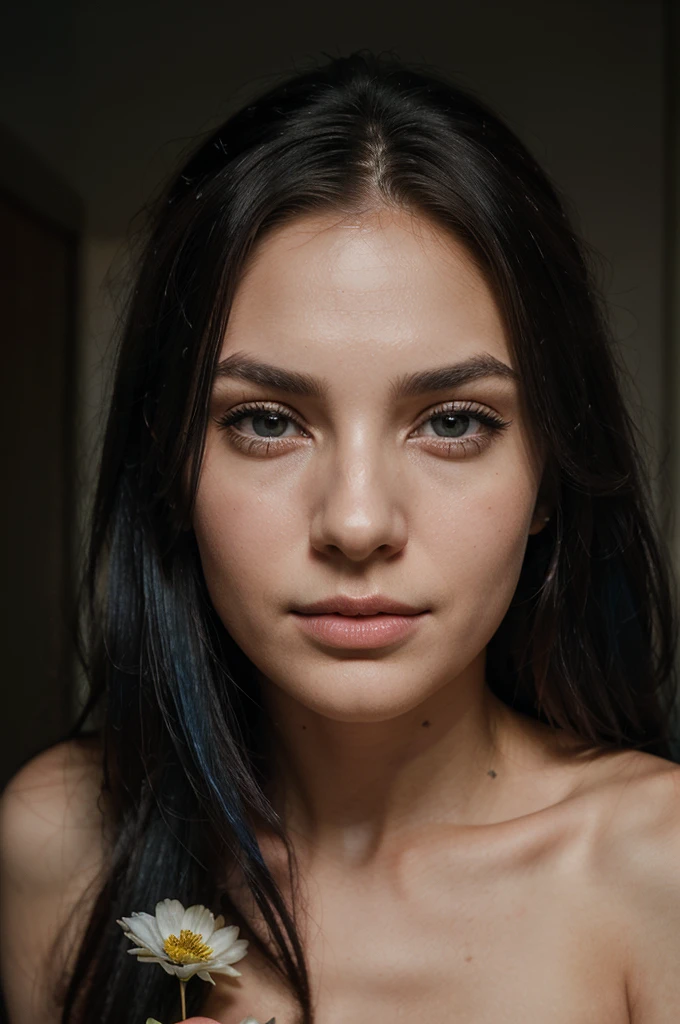 A girl with long blue hair. Her face is exquisite, with high cheekbones and smooth fair skin. Her large black eyes, framed by long thick eyelashes, are impressive and expressive, radiating calmness and confidence. Well-defined eyebrows curve gracefully above her eyes, adding intensity to her gaze. She has a small, straight nose and full, slightly parted lips that curve into a slight smile, revealing hints of mischief and allure. Her sharp, well-defined jawline gives her face a refined and elegant appearance. a beautiful award winning full length portrait of a dusky maiden wearing a chic floral dress, she is outdoors, holding a dainty bouquet of precisely arranged wild flowers, minimalistic composition, very dramatic lighting, in the style of Wes Anderson, hints of David Lynch, rule of thirds, Hasselblad X2D, portrait lens, magical mood
