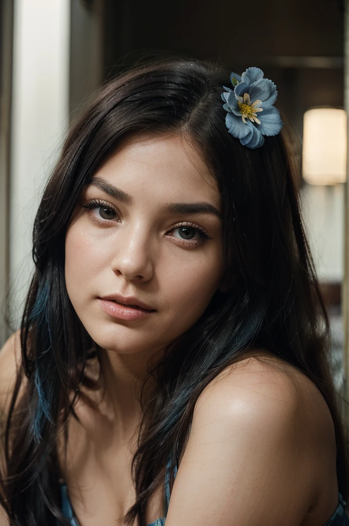 A girl with long blue hair. Her face is exquisite, with high cheekbones and smooth fair skin. Her large black eyes, framed by long thick eyelashes, are impressive and expressive, radiating calmness and confidence. Well-defined eyebrows curve gracefully above her eyes, adding intensity to her gaze. She has a small, straight nose and full, slightly parted lips that curve into a slight smile, revealing hints of mischief and allure. Her sharp, well-defined jawline gives her face a refined and elegant appearance. Dark Fairy