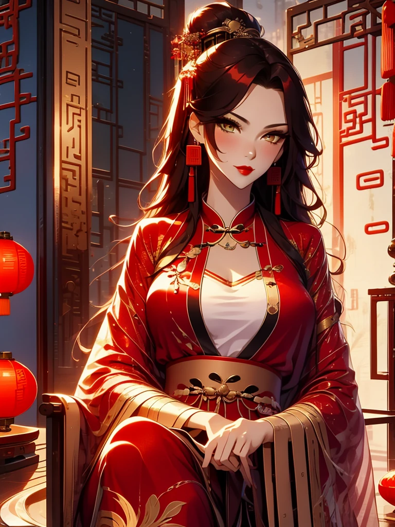 score_9, score_8_up, score_7_up, score_6_up, score_5_up, score_4_up, Xian Mei, golden eyes, red curly hair, tied hair, hair in a bun, hairpin, traditional Chinese red wedding hanfu dress, Yourqipao Red Embroidery Chinese Xiuhe Hanfu Women's Satin Cheongsam Ancient Traditional Chinese Bride , Wedding Dress, Long Dresses, long earrings, red lipstick, detailed eyes, traditional wear, sexy attractive, hot, traditional, smiling, happy, blush, red veil,