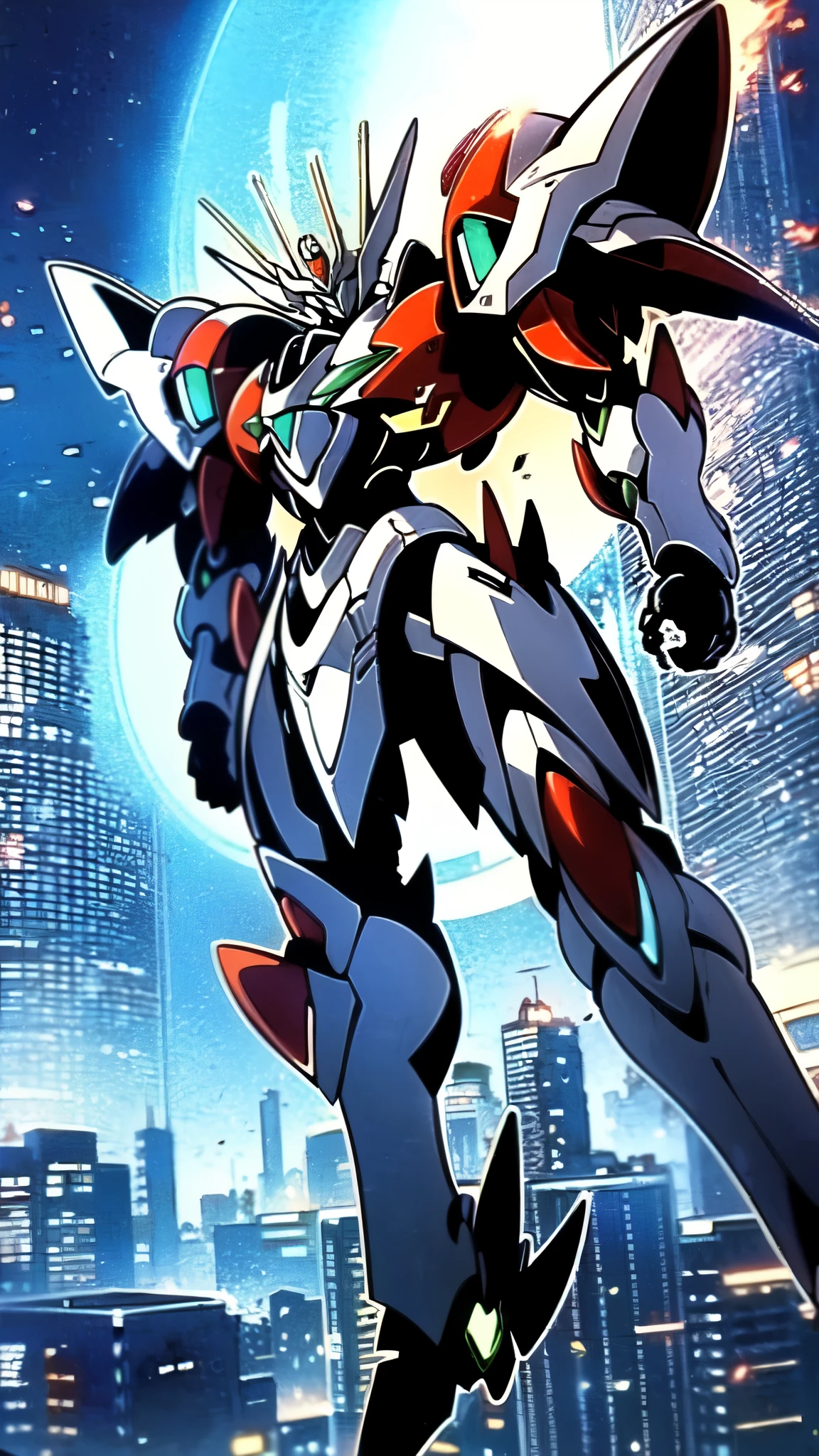 (masterpiece:1.5, best quality:1.5, extremely delicate:1.5), humanoid Mecha, fully enclosed shoulder guards, matching arm and leg guards, full body, full armor, the design balances heavy with agility, (the color scheme is primarily white with red and blue accents, the concept Inspired by Super robot, organic biotech armor, standing, floating high above the futuristic sci-fi city), exquisite and mature art style, (aura effect, energy, glowing eyes, the armor glows), ((SRS)), metallic, dramatic, high definition, highres, ultra-detailed, ultra-fine painting, professional, perfect body proportions, anatomically correct, symmetrical face, extremely detailed eyes and face, high quality eyes, creativity, RAW photo, UHD, 32k, Natural light, cinematic lighting, masterpiece-anatomy-perfect