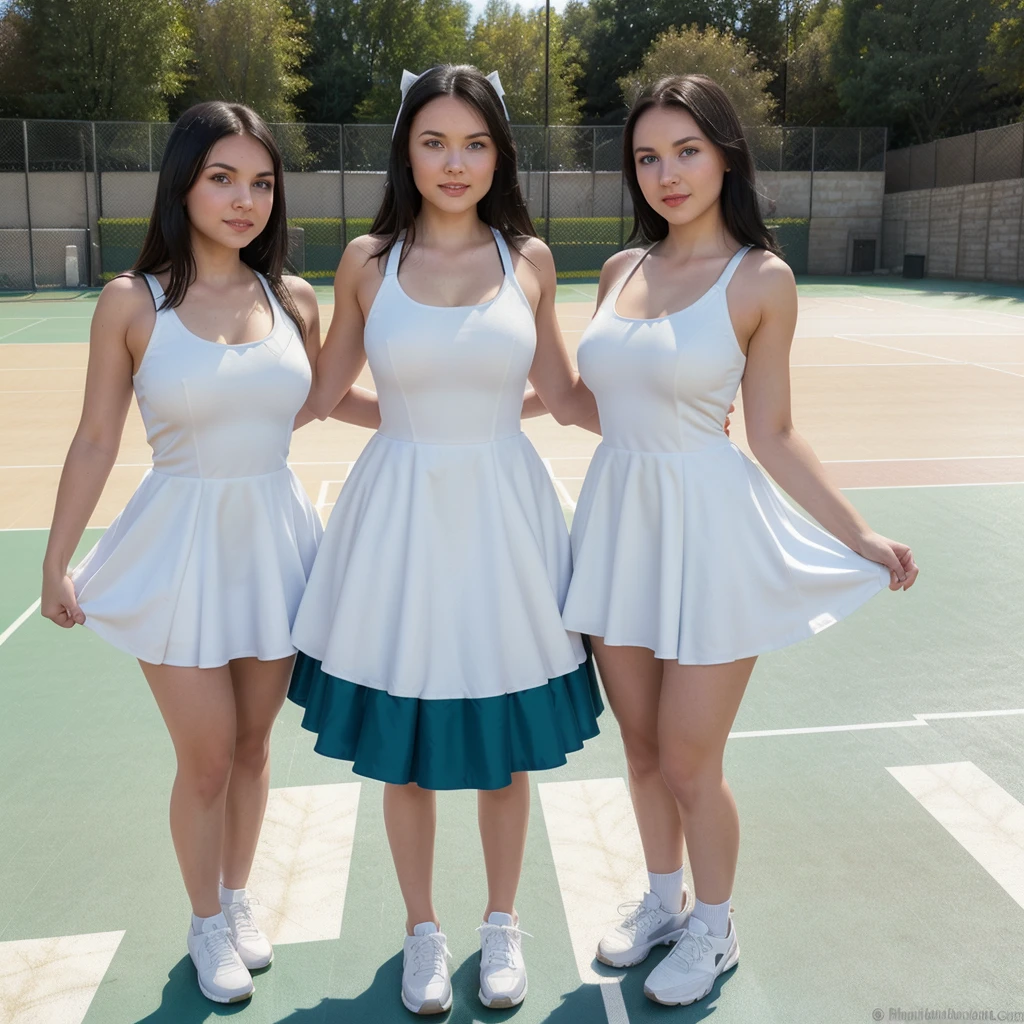 1 woman birracial blue eyes with 1 woman white green eyes dark hair, cheerleaders dress, in basket court, extremely detailed full body