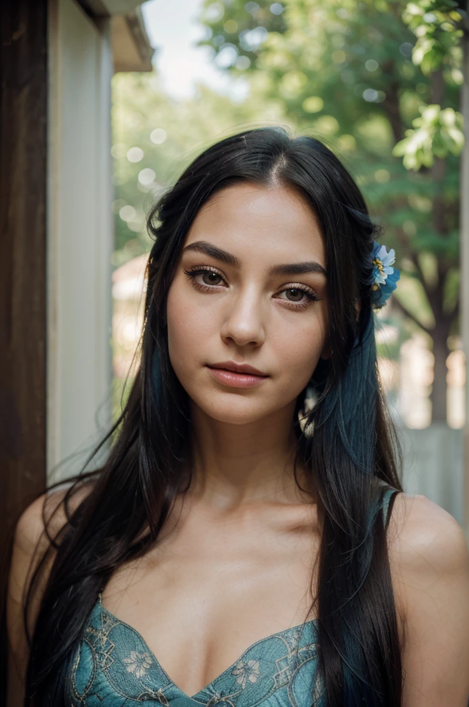 A girl with long blue hair. Her face is exquisite, with high cheekbones and smooth fair skin. Her large black eyes, framed by long thick eyelashes, are impressive and expressive, radiating calmness and confidence. Well-defined eyebrows curve gracefully above her eyes, adding intensity to her gaze. She has a small, straight nose and full, slightly parted lips that curve into a slight smile, revealing hints of mischief and allure. a beautiful award winning full length portrait of a dusky maiden wearing a chic floral dress, she is outdoors, holding a dainty bouquet of precisely arranged wild flowers, minimalistic composition, very dramatic lighting, in the style of Wes Anderson, hints of David Lynch, rule of thirds, Hasselblad X2D, portrait lens, magical mood