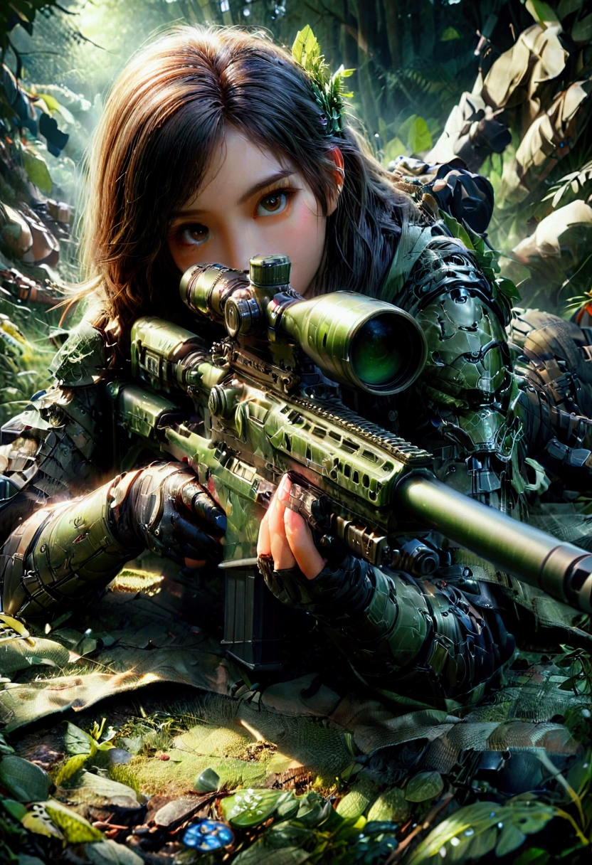1girl, Sniper, A highly detailed, portrait of a skilled sniper in a camouflage uniform, lying prone with a high-powered sniper rifle, focused intently through the scope, surrounded by lush foliage in a forest environment, dramatic lighting, cinematic composition, hyper-detailed textures, muted color palette, gritty, masterpiece, best quality, very aesthetic, absurdres