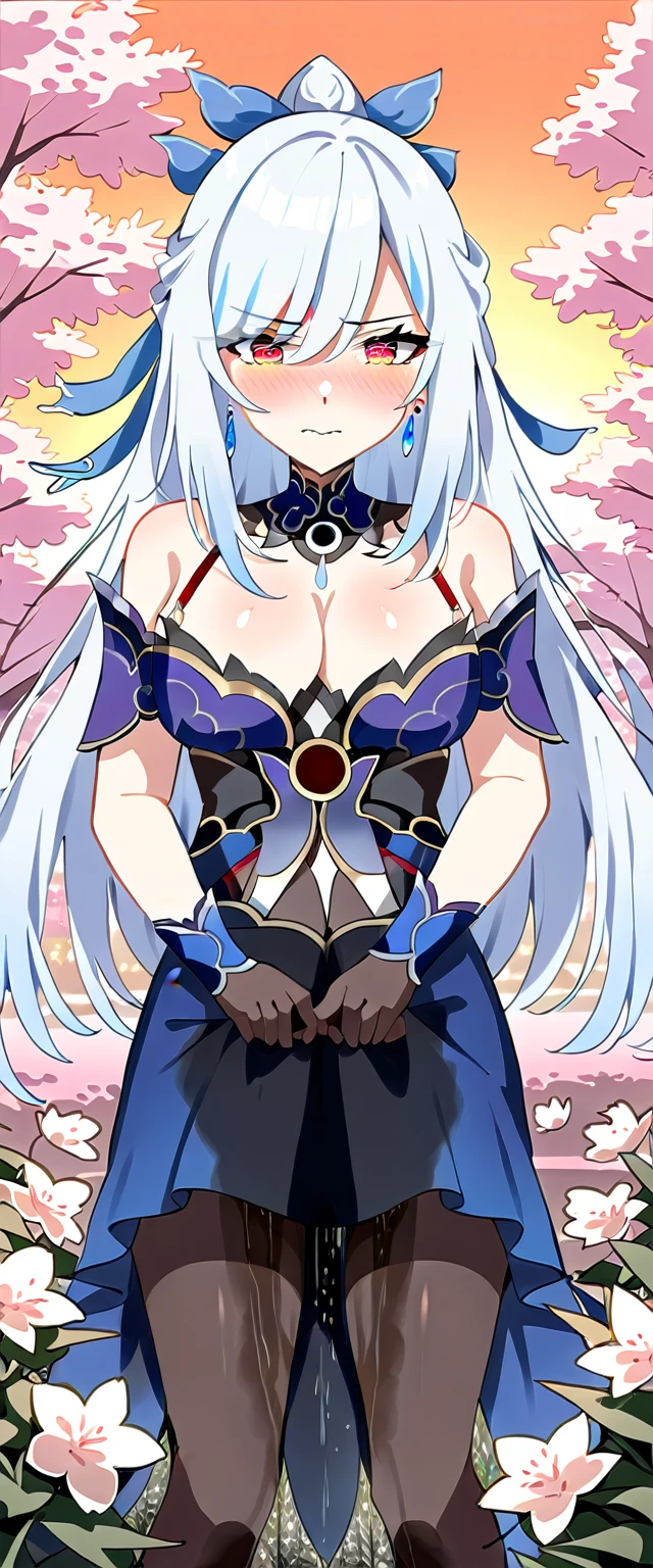 (masterpiece:1.37), best quality, (extremely detailed:1.37), (1girl:1.5), woman, (mature:1.5), (adult:1.5), jingliu, white hair, long hair, ponytail, hair ribbon, red eyes, earrings, jewelry, spats, pantyhose, (extremely detailed eyes:1.37), (wetting self:1.5), desperation, embarrassed, humiliation, blushing, angry, cherry blossoms, garden, (golden hour:1.5)