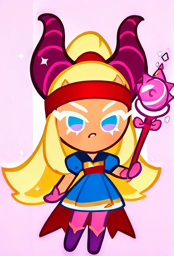 chibi, full body, CookieRun, 1girl, yellow hair, long hair, blue eyes, red headband with small horns, blue dress, pink tights, purple boots, magic wand in hands