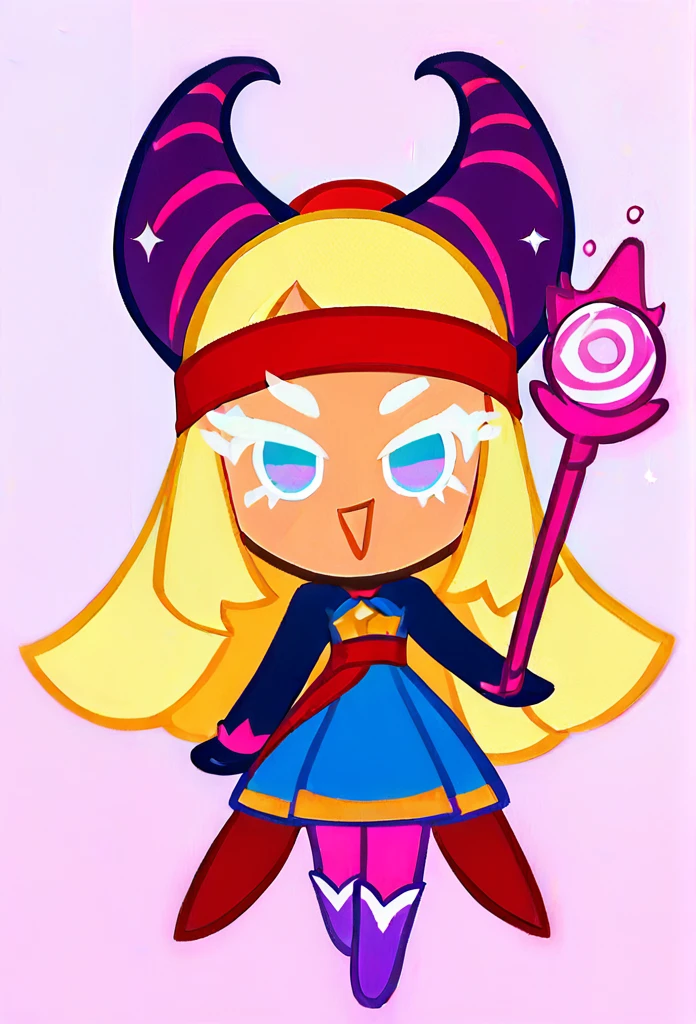 chibi, full body, CookieRun, 1girl, yellow hair, long hair, blue eyes, red headband with small horns, blue dress, pink tights, purple boots, magic wand in hands