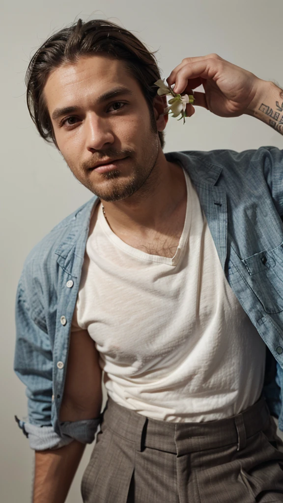 hipster man, wearing shirt and trousers, close-up, holding flower in the teeth, looking at the camera