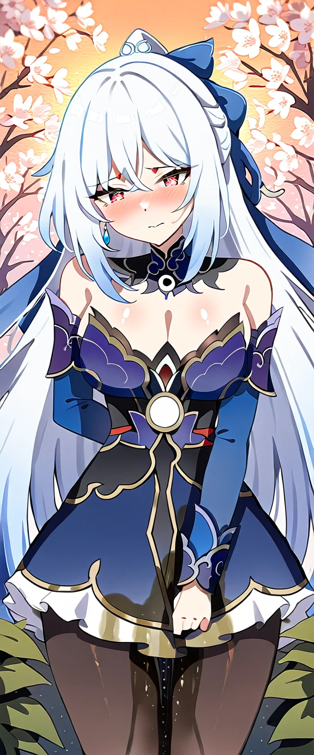 (masterpiece:1.37), best quality, (extremely detailed:1.37), (1girl:1.5), woman, (mature:1.5), (adult:1.5), jingliu, white hair, long hair, ponytail, hair ribbon, red eyes, earrings, jewelry, short shorts, pantyhose, (extremely detailed eyes:1.37), (wetting self:1.5), desperation, embarrassed, humiliation, blushing, angry, cherry blossoms, garden, (golden hour:1.5)