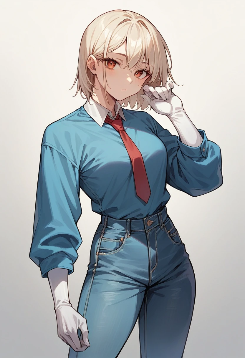 1girl, jingliu, ((blue medical gloves)), ((surgical gloves)), ((latex gloves)), (((long sleeves))), ((oversize shirt)), ((sleeves tucked into gloves)), ((baggy jeans)), tie, looking at viewer, standing, solo

