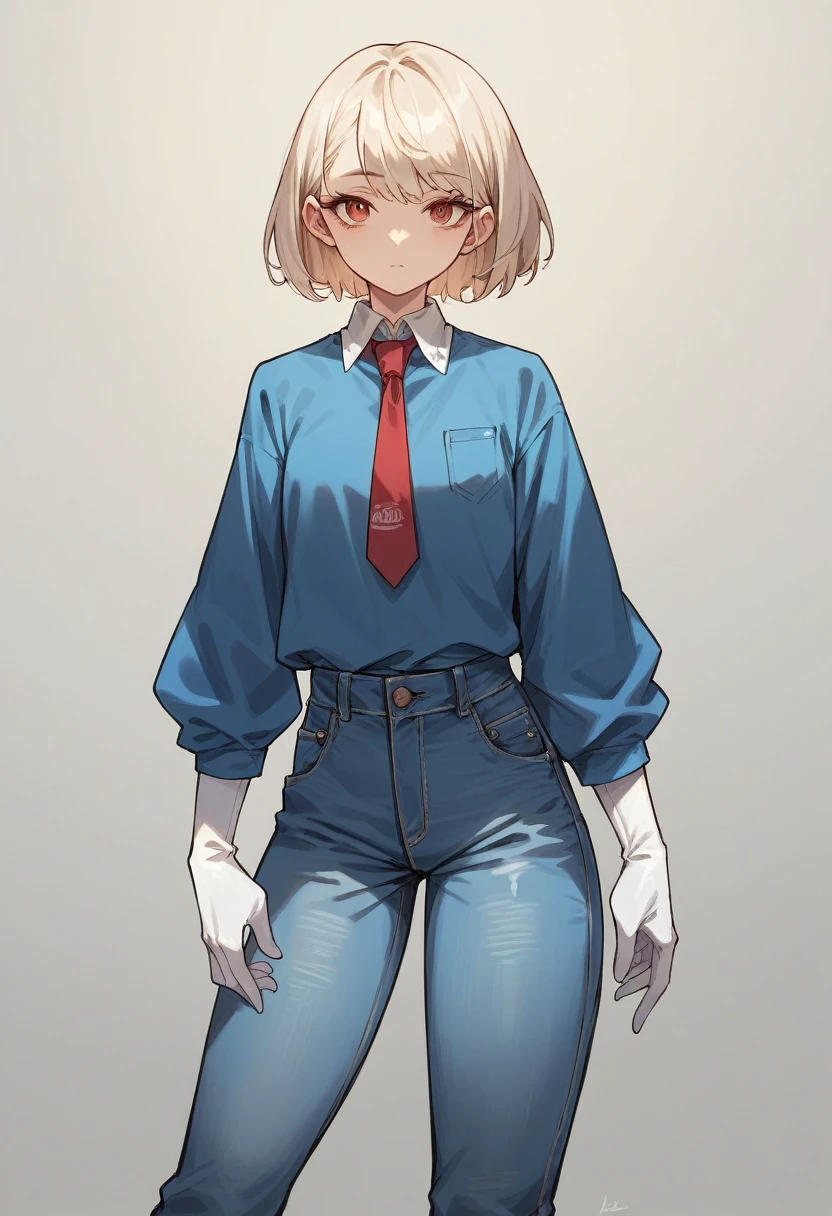 1girl, light hair, ((white elbow gloves)), ((surgical gloves)), ((latex gloves)), (((long sleeves))), ((blue oversize shirt)), ((baggy jeans)), tie, looking at viewer, standing, solo