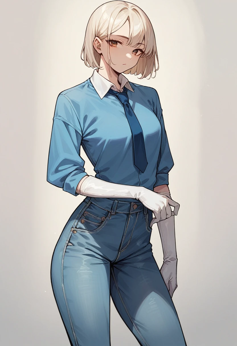 1girl, light hair, ((white elbow gloves)), ((surgical gloves)), ((latex gloves)), (((long sleeves))), ((blue oversize shirt)), ((baggy jeans)), tie, looking at viewer, standing, solo