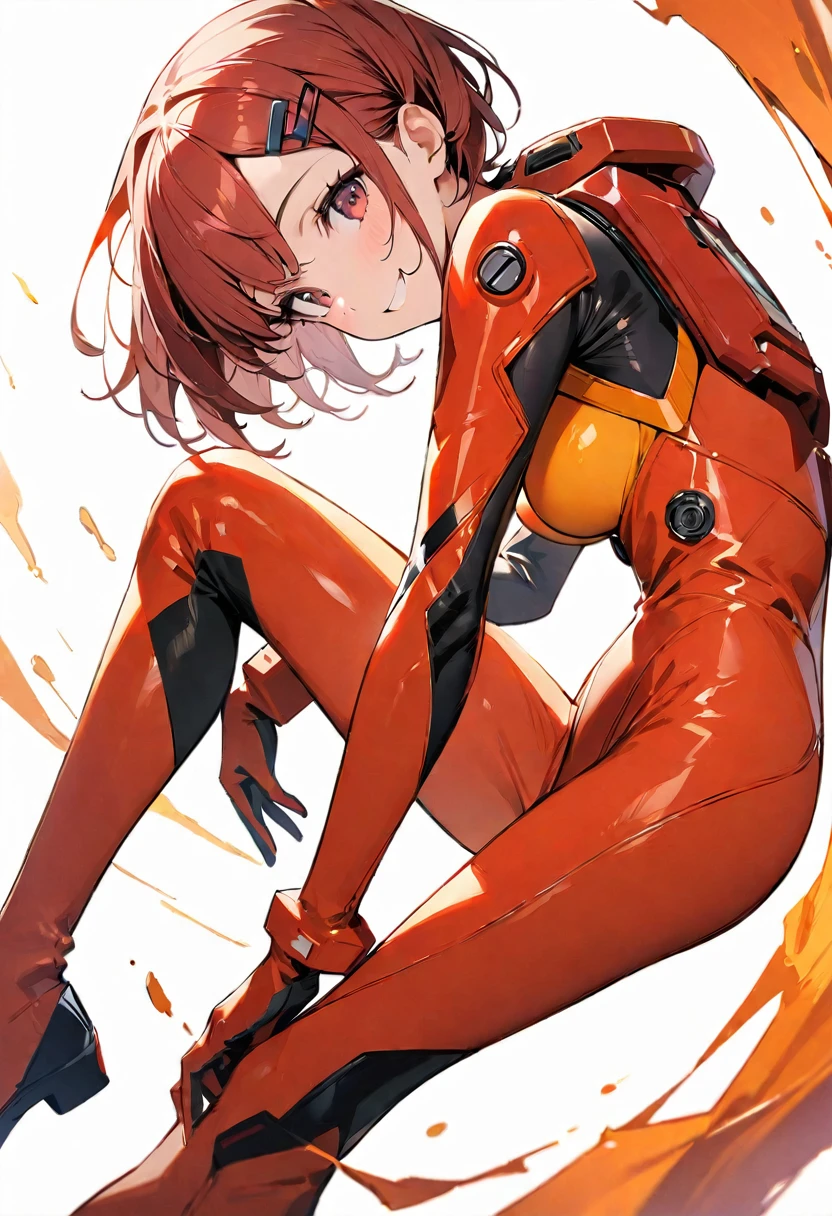 (masterpiece:1.2),Highest quality,Pixiv ,One girl,alone,View your viewers,,smile,White background only,whole body,From the side,One knee,,Look to the side、white background only、Hair Clip, wise_Bodysuits, Pilot Suit, gloves, Plug Suit, red Bodysuits