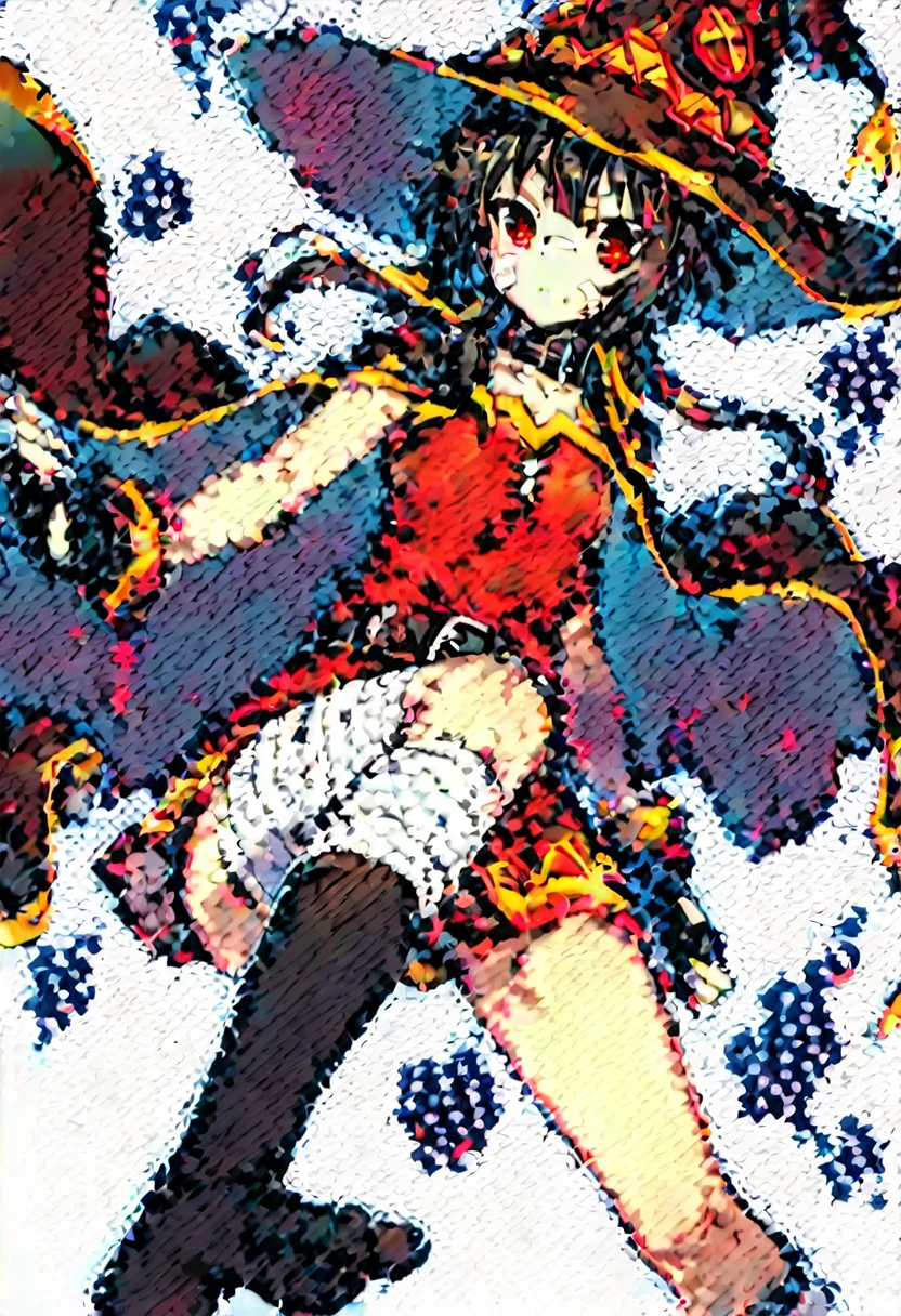 score_9, score_8_up, score_7_up, score_6_up, source_anime, 1girl, (dynamic angle), (perfect image), 8k wallpaper, most detailed, Complex, delicate background, offical art,megumin(konosuba),KonoSuba, (Megumin), short hair, Black Hair, (Red eyes:1.3), short hair with long locks, Knee socks, gloves, dress, black gloves, belt, black Knee socks, fingerless gloves, Cape, collar, witch have, bandage, red dress, Single knee socks, Asymmetrical legwear, Legs wrapped in bandage, Stand and pose, Highly detailed face and skin texture,