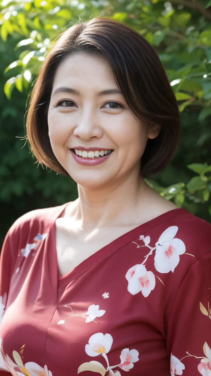 , Standing in the park, Wrinkles around the eyes, Smiling with teeth showing, Japanese painting, senior citizen, Draw lips correctly, Red lipstick, No discomfort, 16K, Highest quality, Very detailed, Realistic, Very detailed肌, (Japanese), (alone), 100 years old, Large Breasts, , Glamour, sexy, Chromo White Skin, Staring straight ahead,