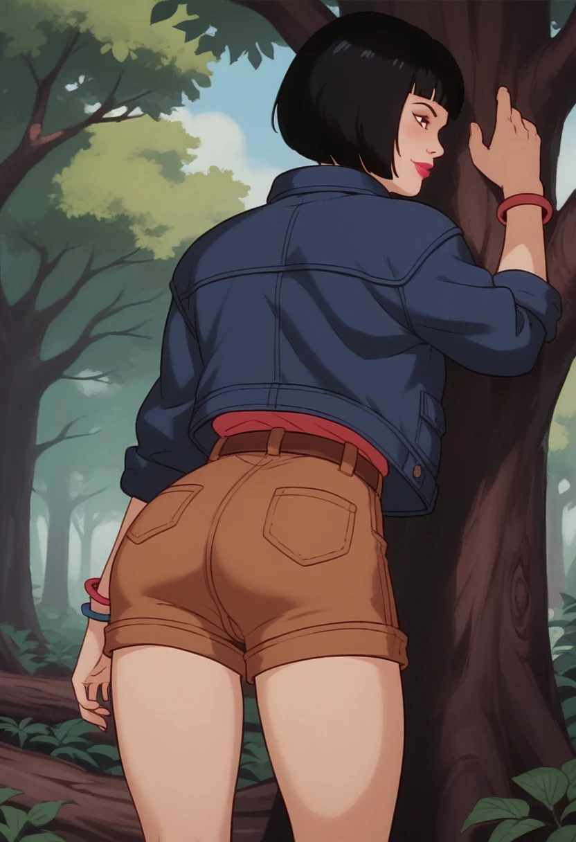 score_9, score_8, score_7, score_8_up, score_7_up, score_6_up, solo, xgix,1girl,black hair,bob cut,blunt bangs,brown eyes,lipstick,bracelet, shirt,jacket,belt,brown shorts, in wood, standing by tree, bending over, ass, back view, shy smile, blush,