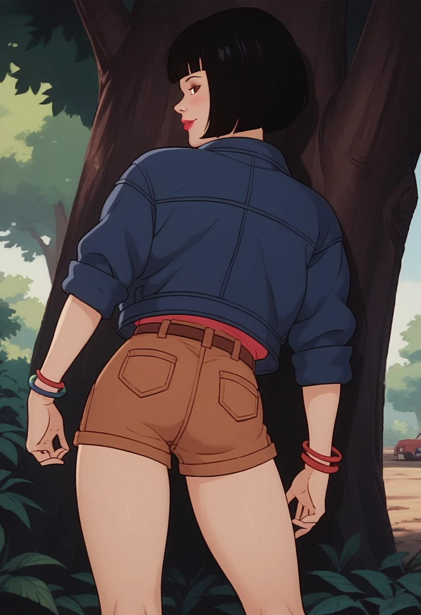 score_9, score_8, score_7, score_8_up, score_7_up, score_6_up, solo, xgix,1girl,black hair,bob cut,blunt bangs,brown eyes,lipstick,bracelet, shirt,jacket,belt,brown shorts, in wood, standing by tree, bending over, ass, back view, shy smile, blush,