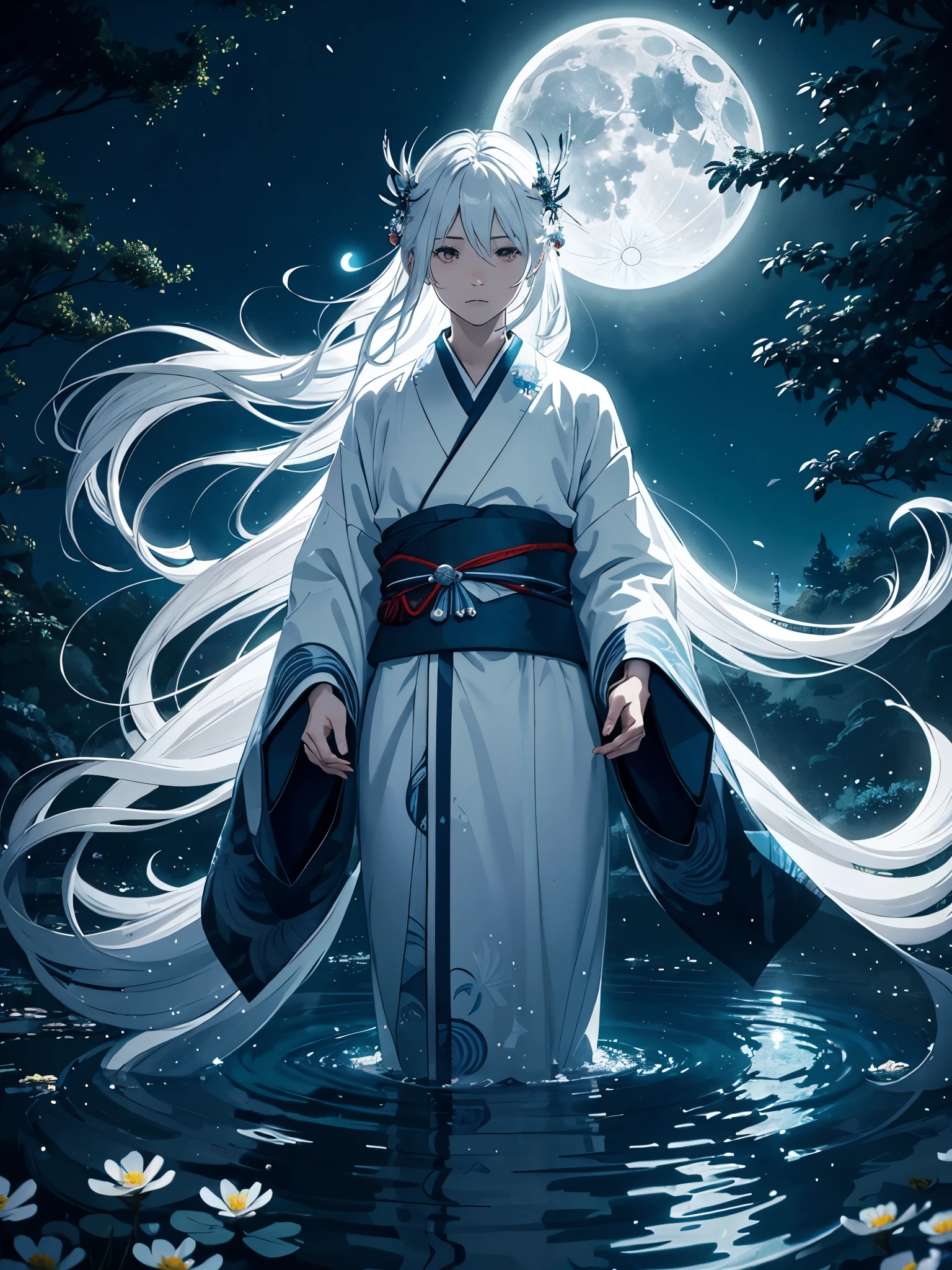 Kimono. White crows. Ghosts. lights. magical. Power animals. Spirit. King of the moon. Long hair. long white hair. aquatic, boy, silver hair accessories, White hair, blue flowers. Blue lights. full moon. holy.