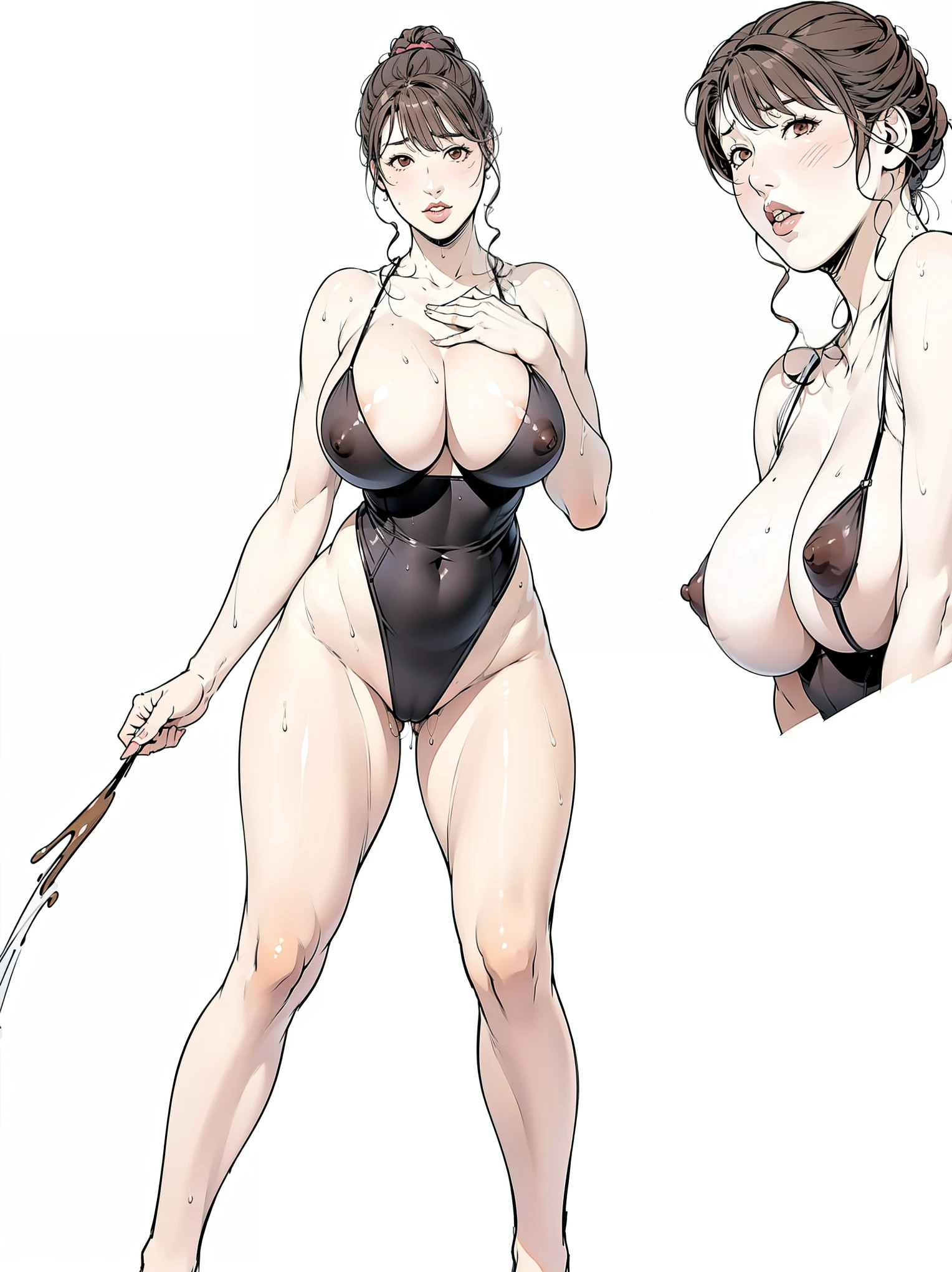 (masterpiece, Highest quality:1.2), One Girl, alone, whole body, Big Breasts,, Brown Hair,Big Breasts, Brown eyes, Mature Woman, ((Character design sheet)),((rough sketch)),((Vulgar)),Thick thighs,One Girl,((Between the breasts)),Pussy juice,School Swimsuit,milking,milking,milking, Beautiful body, Beautiful breasts, Beautiful thighs,Are standing,Wet,