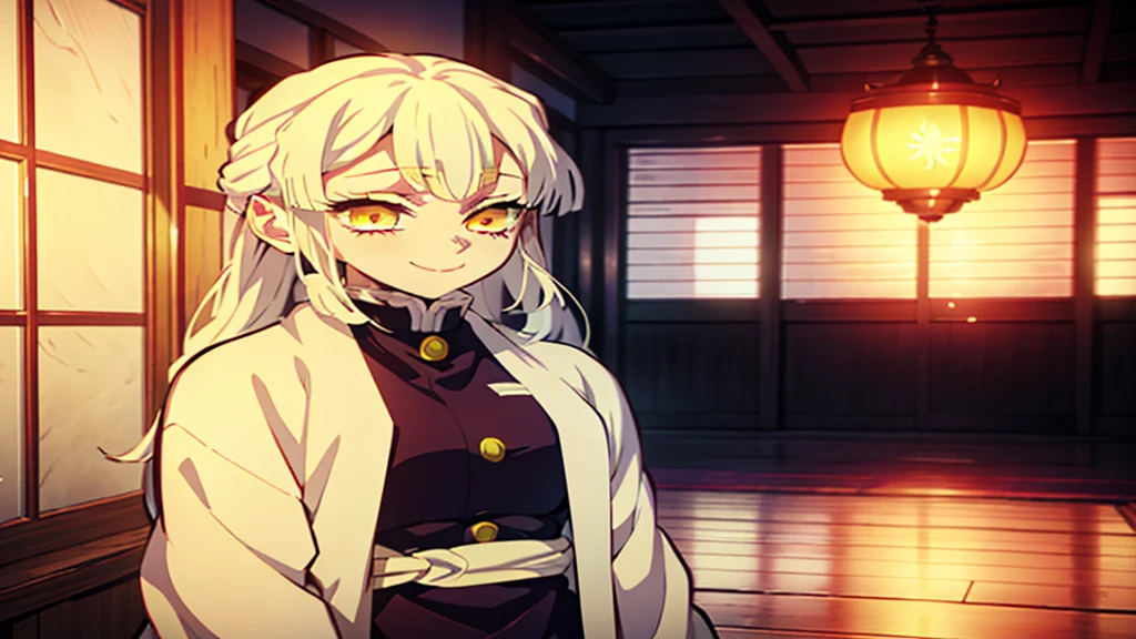 Kimetsu no Yaiba style, 1 girl, a hashira, pretty, white hair, cute, gentle, smiling, yellow eyes, demon slayer uniform, pillar, detailed eyes, long hair,