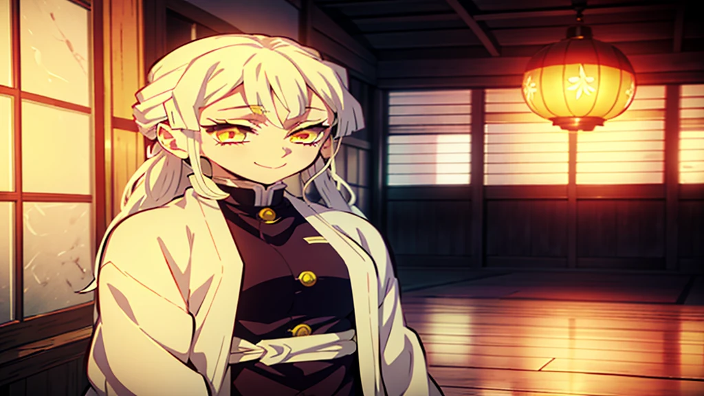 Kimetsu no Yaiba style, 1 girl, a hashira, pretty, white hair, cute, gentle, smiling, yellow eyes, demon slayer uniform, pillar, detailed eyes, long hair, 