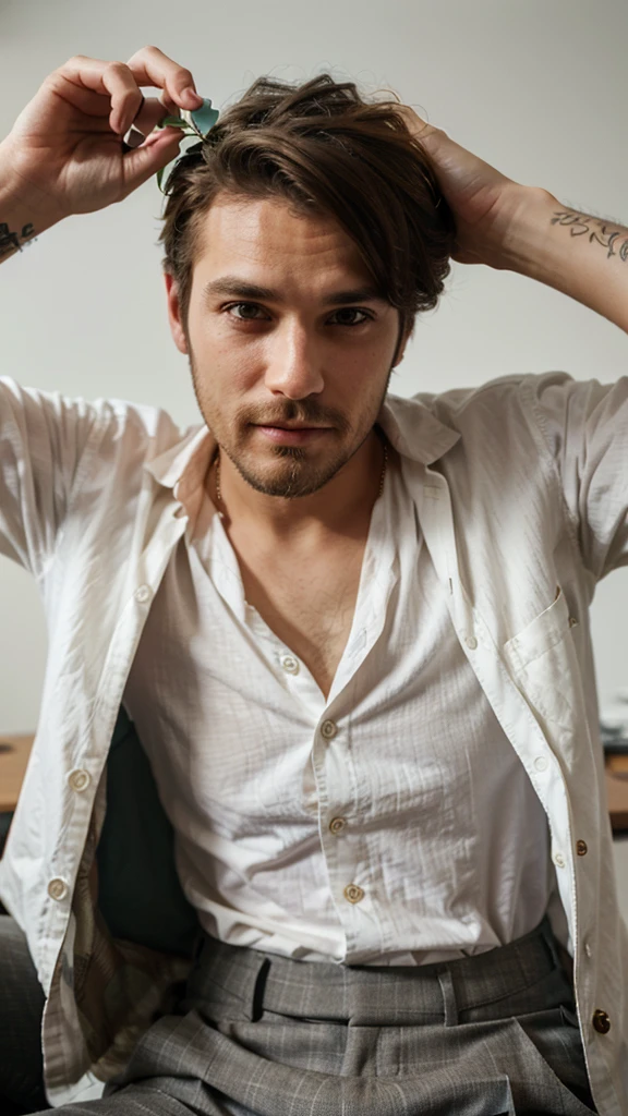 close-up, hipster man, wearing shirt and trousers, holding flower in the teeth, looking at the camera