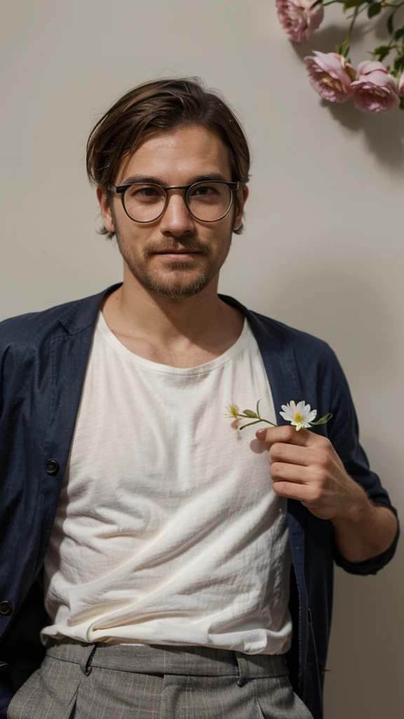 hipster man, wearing shirt and trousers, giving flower to the viewer, smile